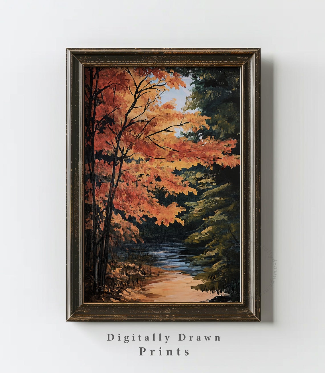 Fiery Autumn Tree Branches Over Dark Stream Rustic Painting Poster