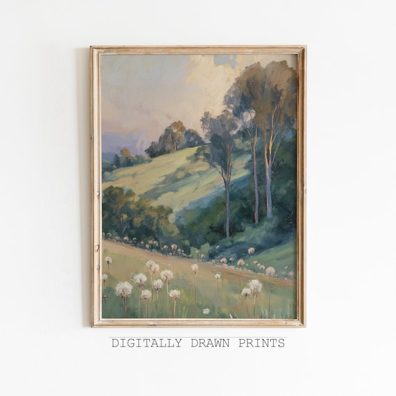 Spring Hillside Dandelion Puffs Countryside Vintage Oil Painting Wall Art