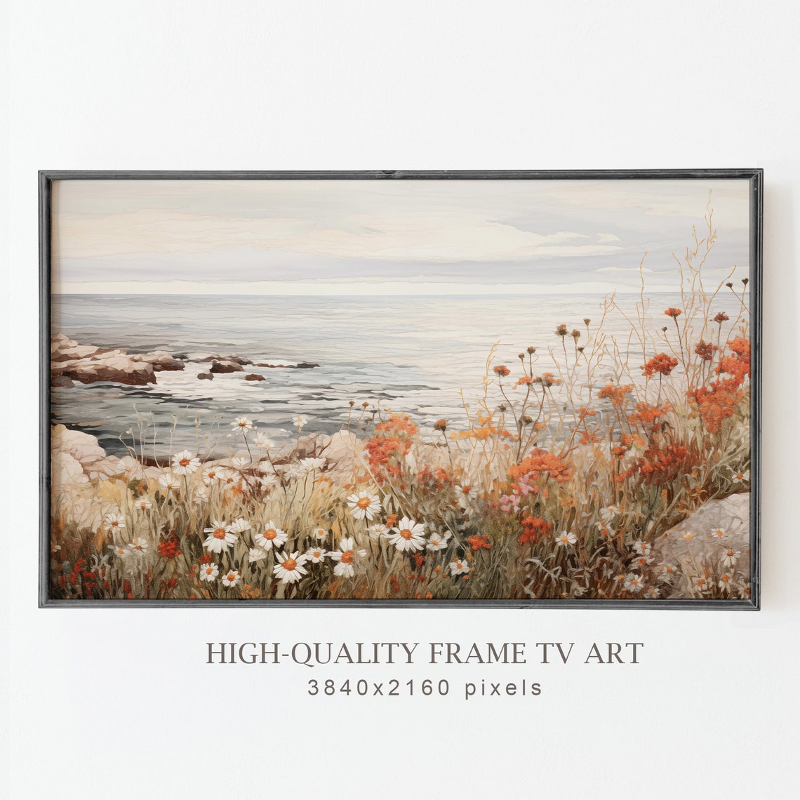 Wildflower Cliff Overlooking Calm Sea Rocky Coast Landscape Print - Image 4