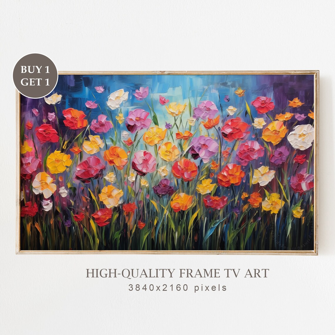 Bold Impasto Wildflowers Deep Blue Moody Textured Floral Oil Painting Poster