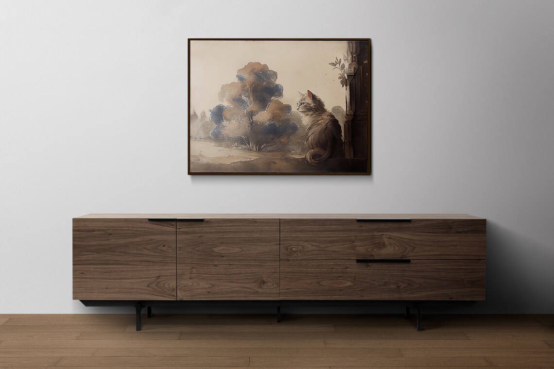 Vintage Rustic Neutral Cat Landscape Art Print - Image 3