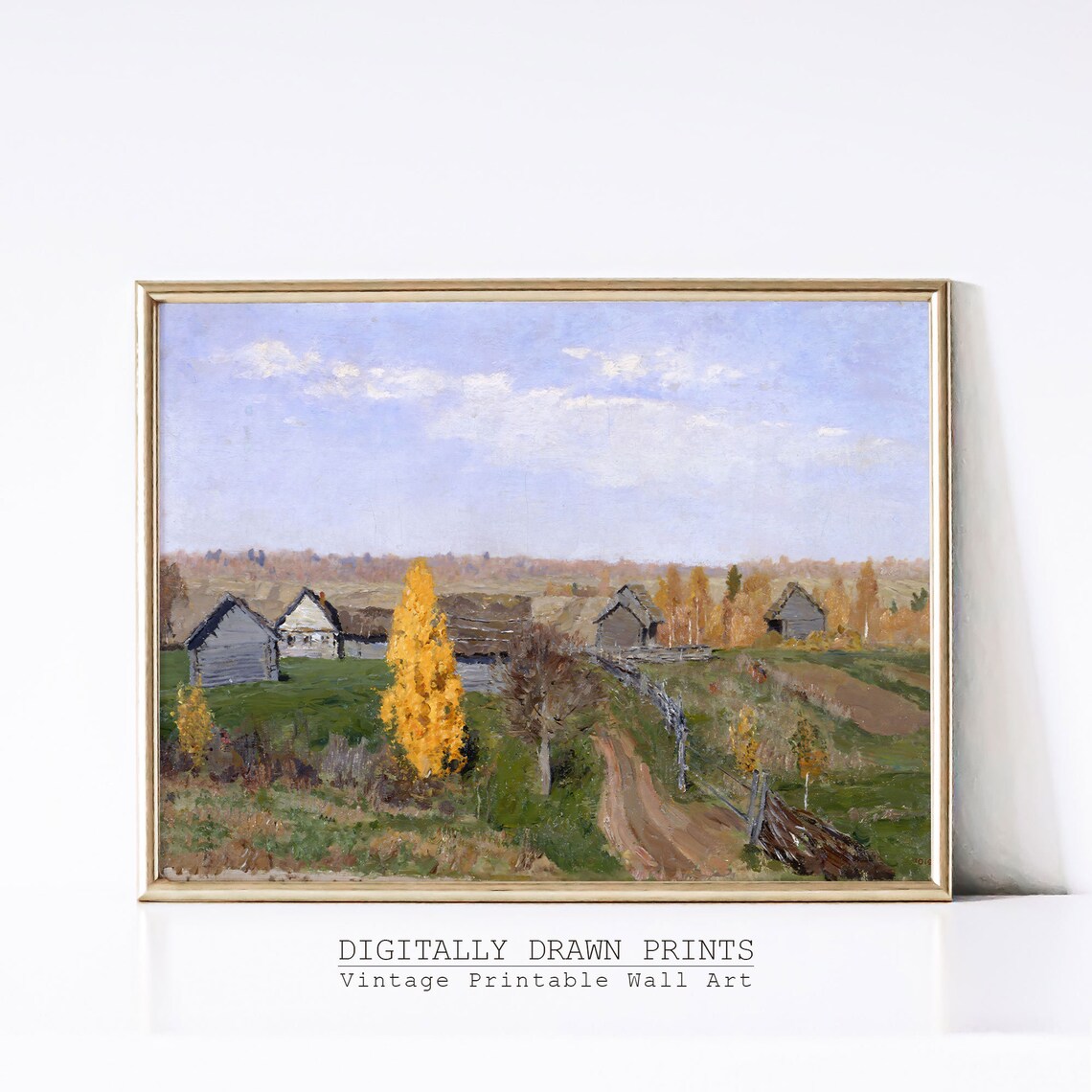 Autumn Village Wooden Cabins Golden Birch Tree Vintage Fall Countryside Poster - Image 2