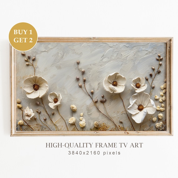 White 3D Minimalist Flowers Textured Neutral Abstract Frame TV Art Print