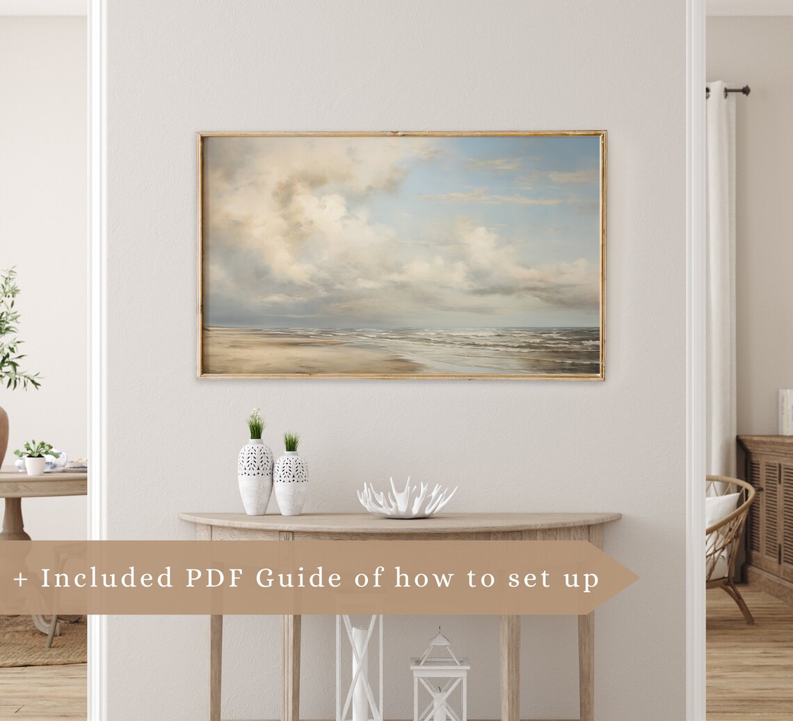 Cloudy Sky Calm Beach Muted Neutral Vintage Coastal Seascape Art Poster - Image 3