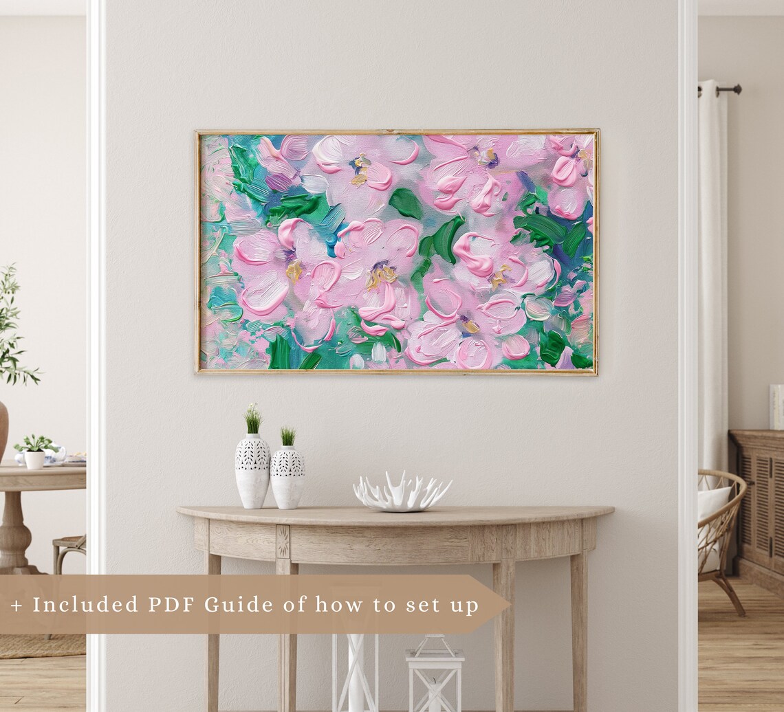 Pink Abstract Blossoms Teal Leaves Pastel Impasto Floral Oil Painting Poster - Image 3