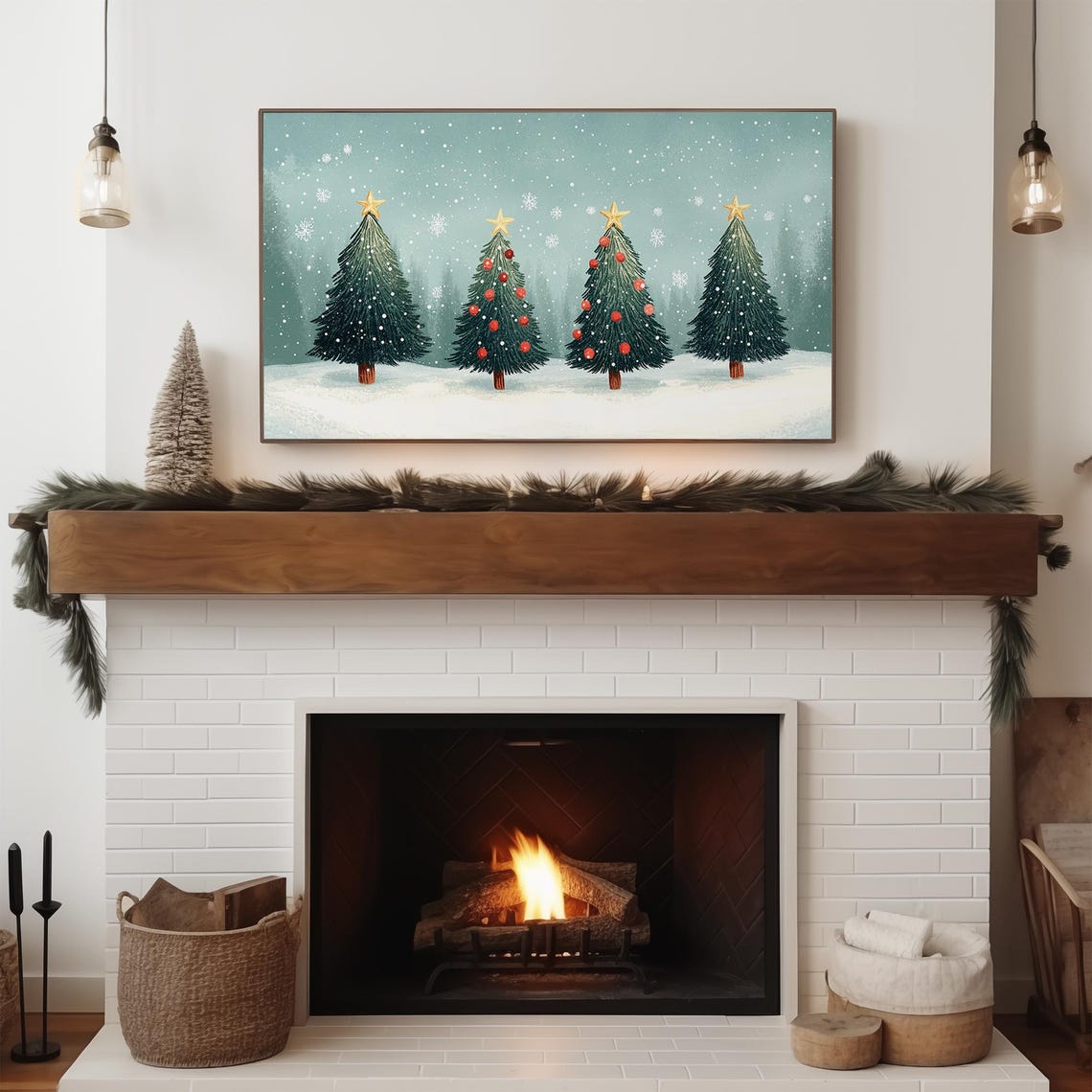Decorated Christmas Trees Gold Star Teal Snowy Cozy Holiday Poster - Image 3