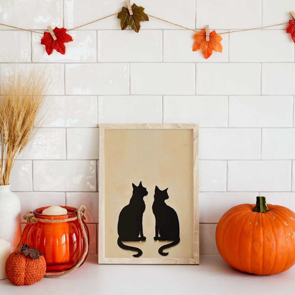 Two Black Cats Silhouette Minimal Beige Halloween Wall Art Poster - Image 3