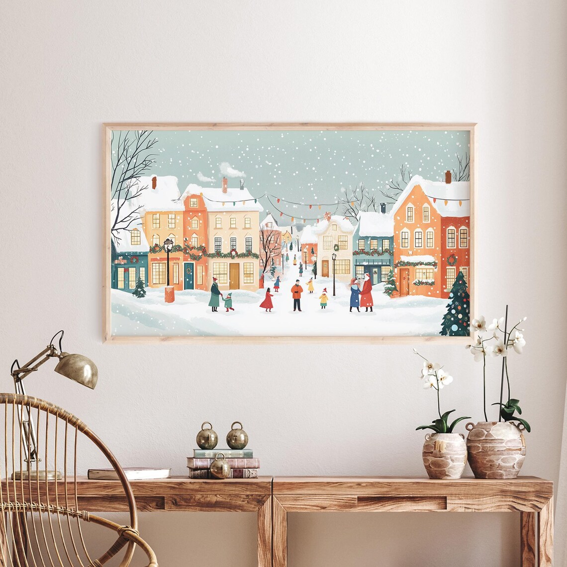 Snowy Village Frame Tv Art Cozy Neutral Christmas Landscape Tv Art Pink Christmas Farmhouse Decor Winter Holiday Art - Image 2