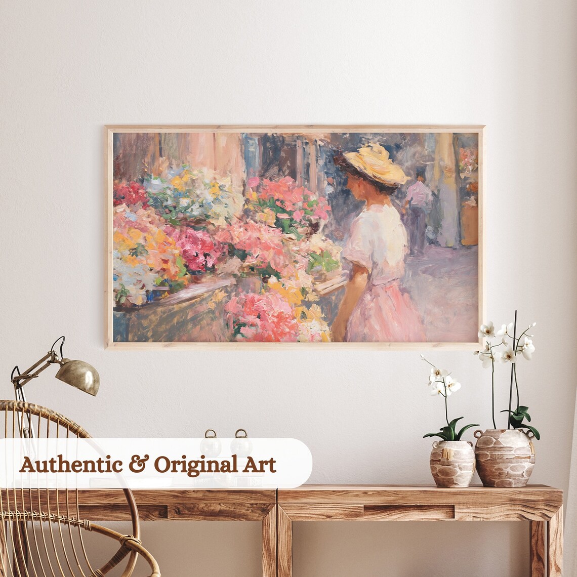 Impressionist Flower Market Woman In Straw Hat Pink Dress Art Print - Image 2