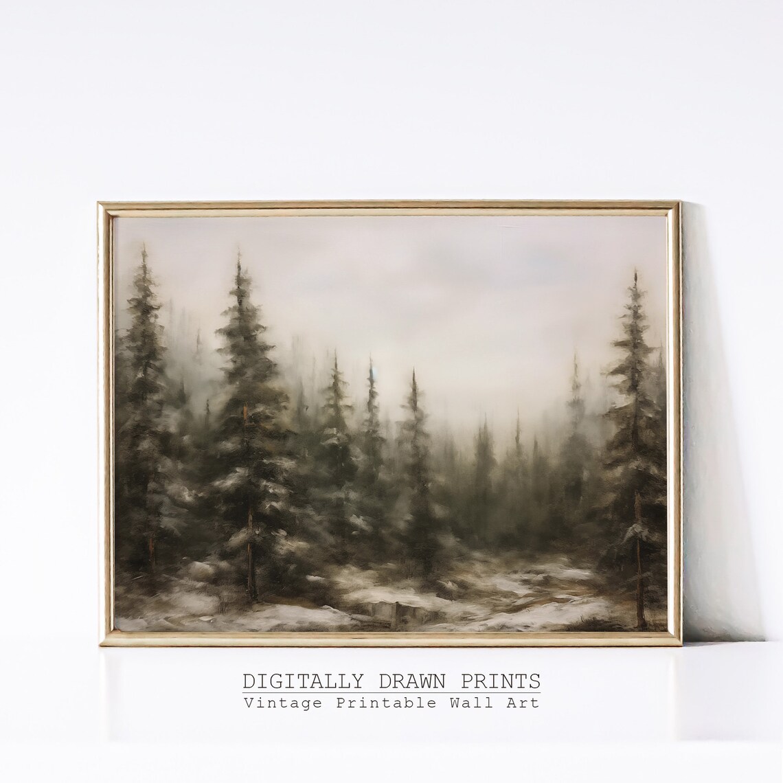 Moody Foggy Winter Pine Forest Neutral Vintage Christmas Poster - Image 3