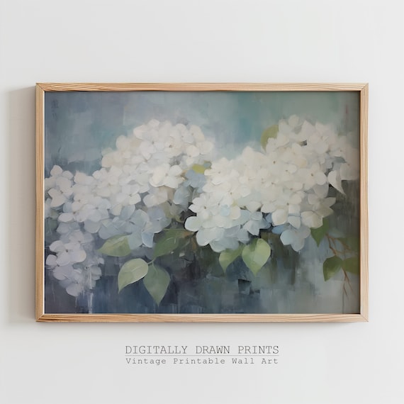 White Blue Hydrangea Blossoms Soft Impressionist Floral Art Print