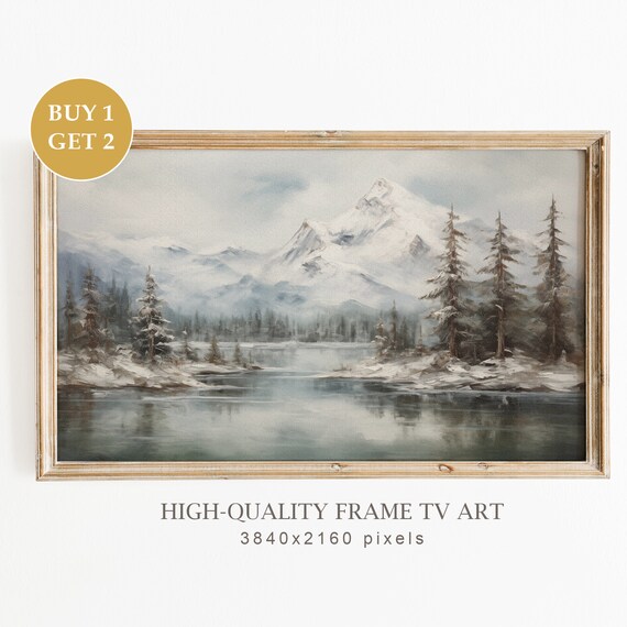 Vintage Mountains Christmas Art Print, Winter Landscape
