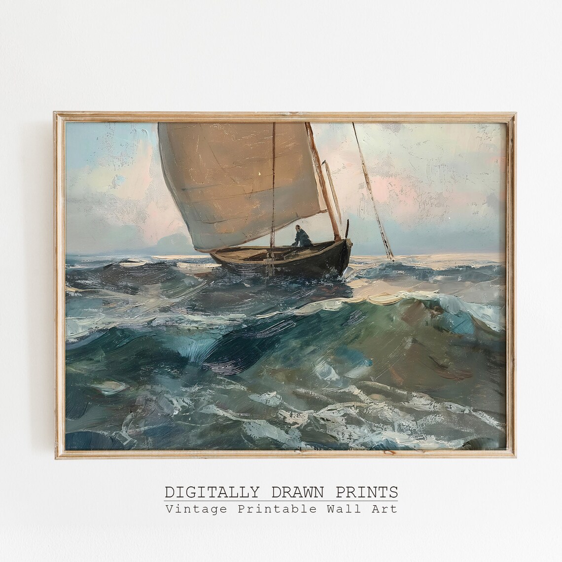 Lone Sailboat Rough Teal Waves Vintage Marine Oil Painting Nautical Poster - Image 4