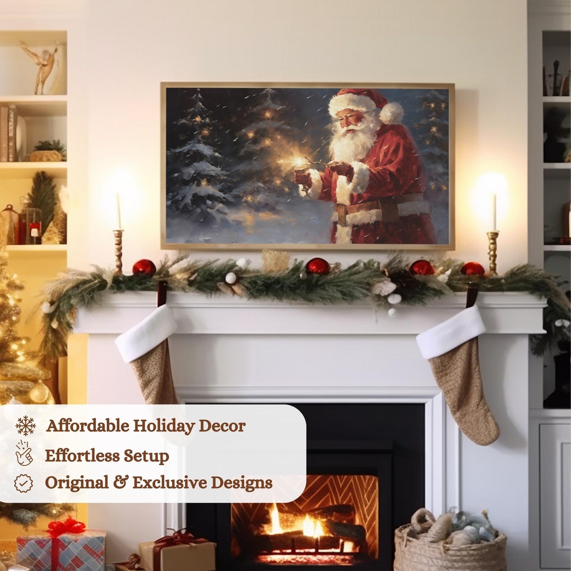 Santa Claus Lighting Candle In Snowy Forest Night Art Poster - Image 3