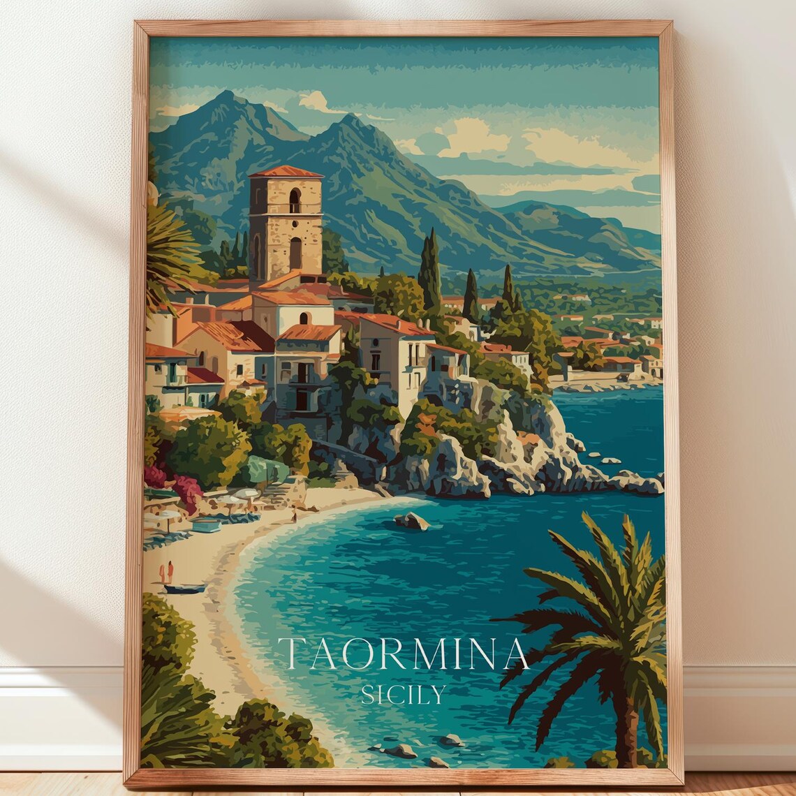 Taormina Sicily Coast Vintage Travel Poster Beach Cliffs Palm Trees Art