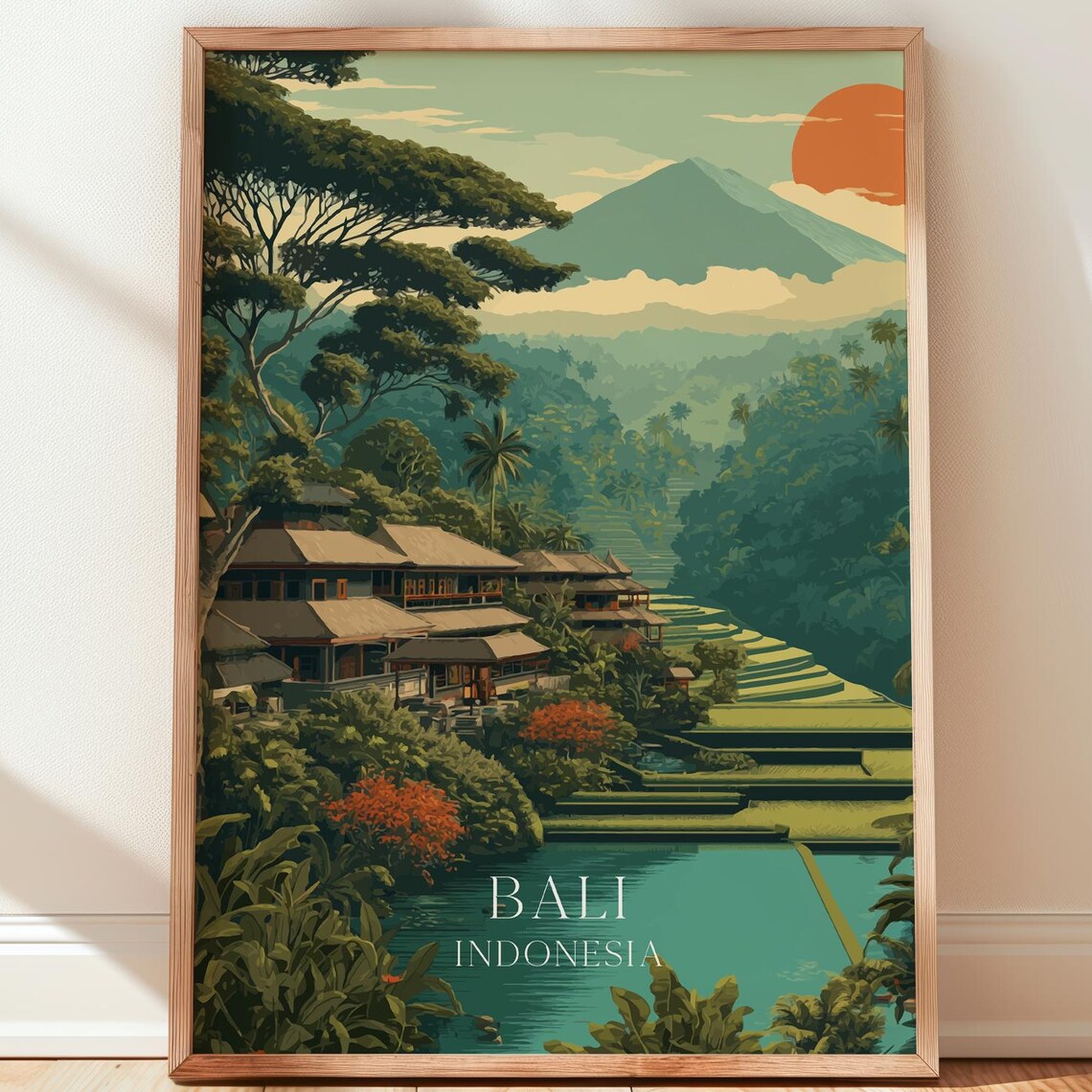 Bali Indonesia Jungle Volcano Vintage Travel Poster Rice Terraces