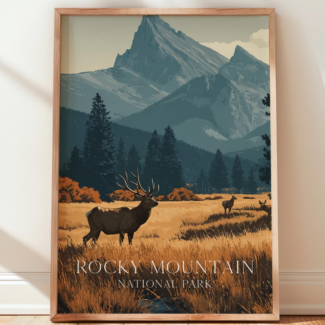 Rocky Mountain National Park Poster Elk Meadow Mountain Peaks Vintage Artwork