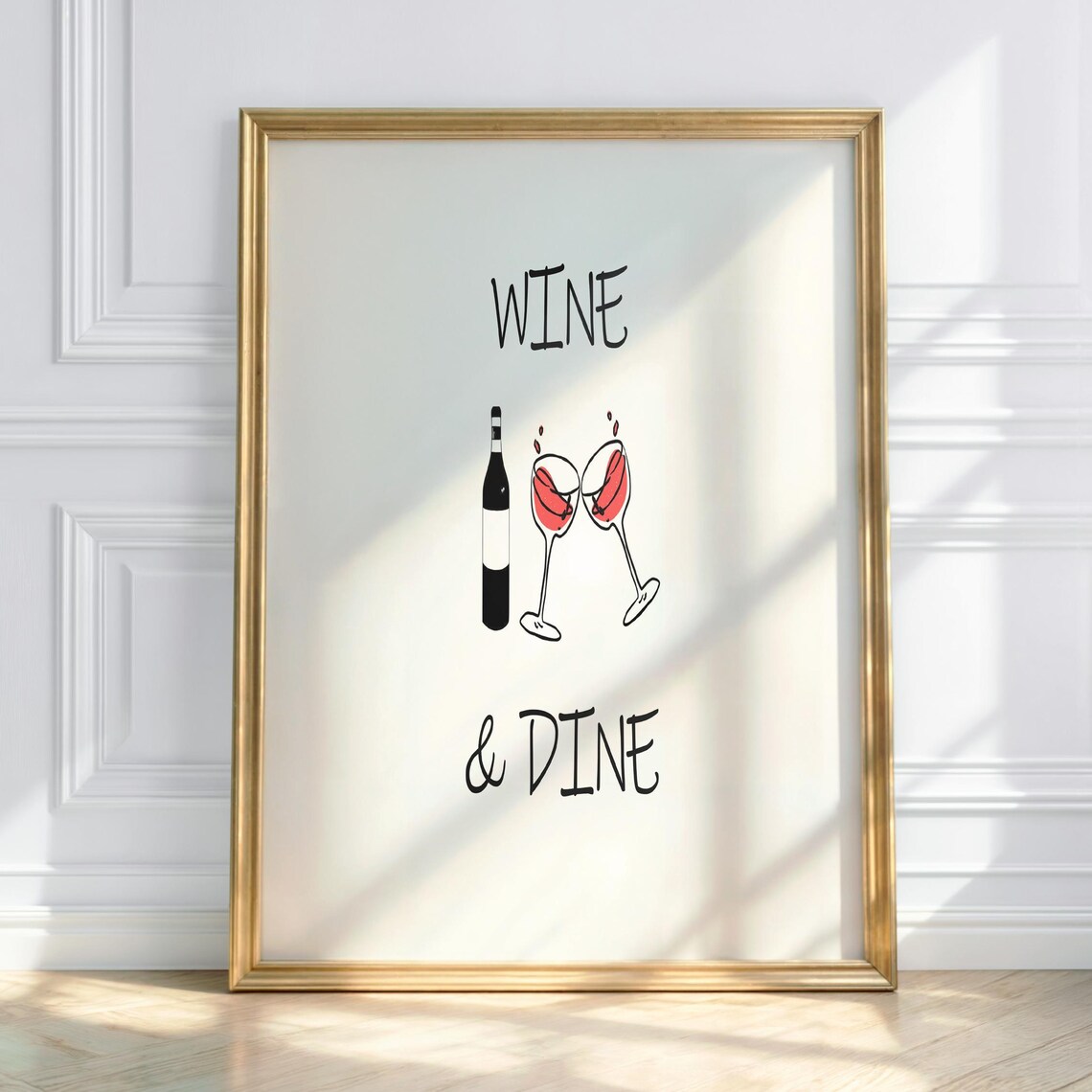 Wine And Dine Art Wine Bottle Glasses Illustration Kitchen Poster