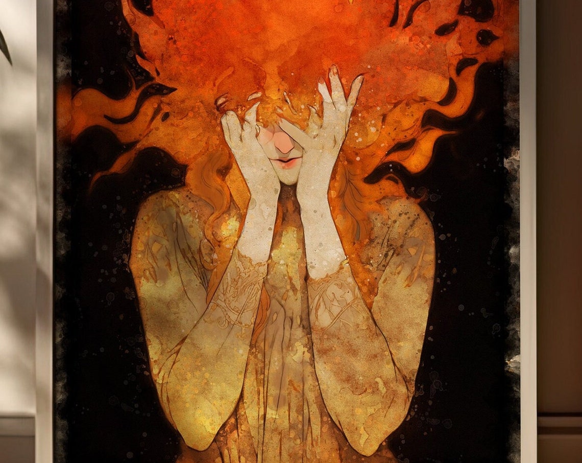 Woman in Flames Fiery Red Hair Surreal Dreamy Watercolor Art Print - Image 3
