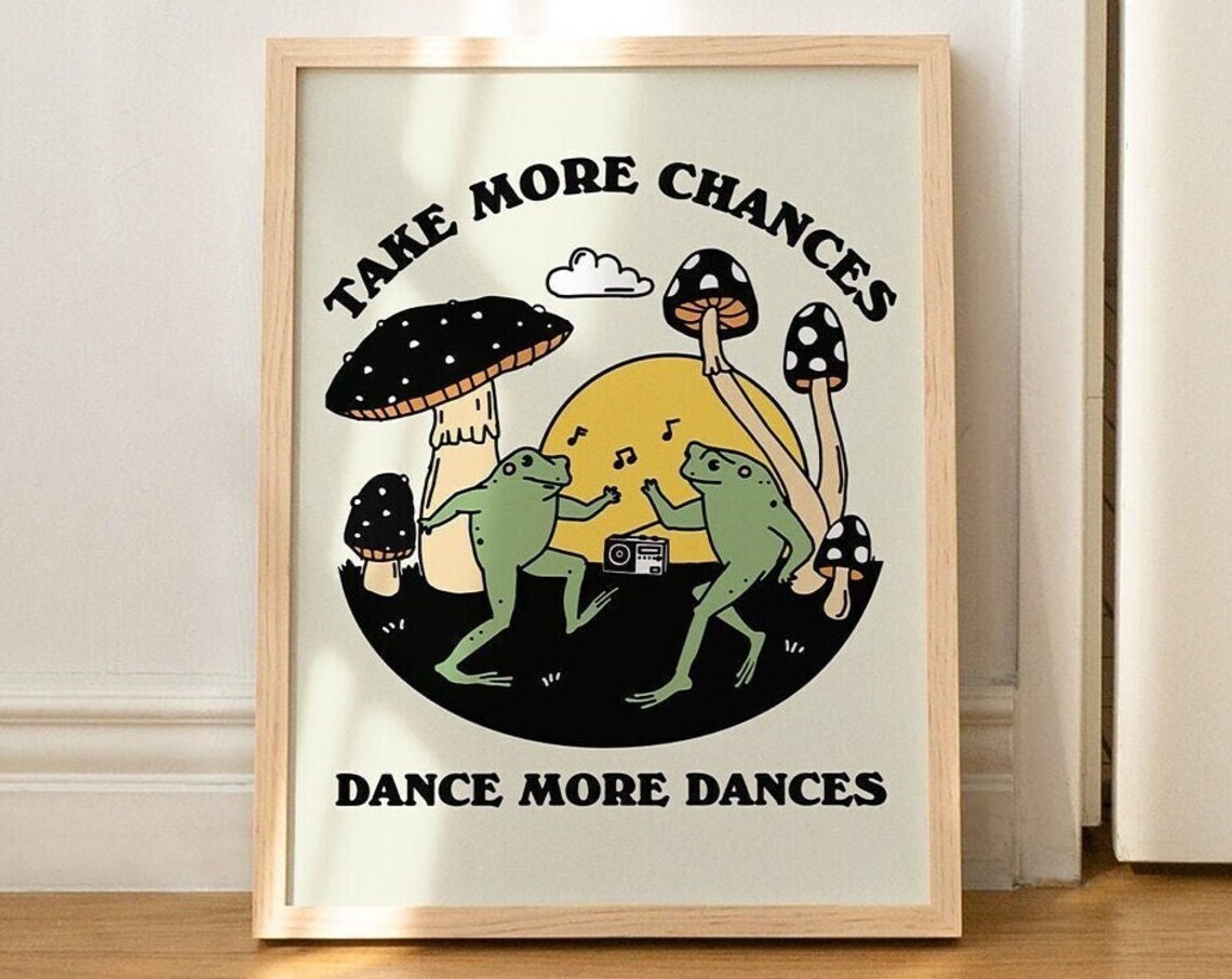 Dancing Frog Retro Poster, Mushroom Decor