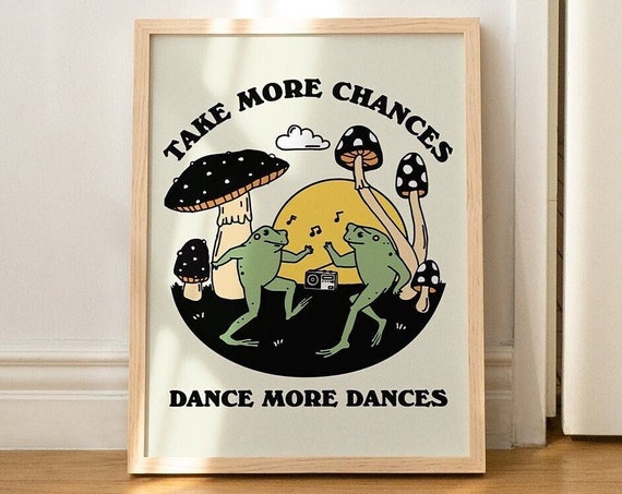 Dancing Frog Retro Poster, Mushroom Decor