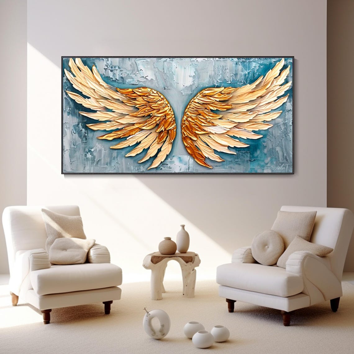 Golden Angel Wings 3D Textured Painting on Blue Canvas Poster - Image 4