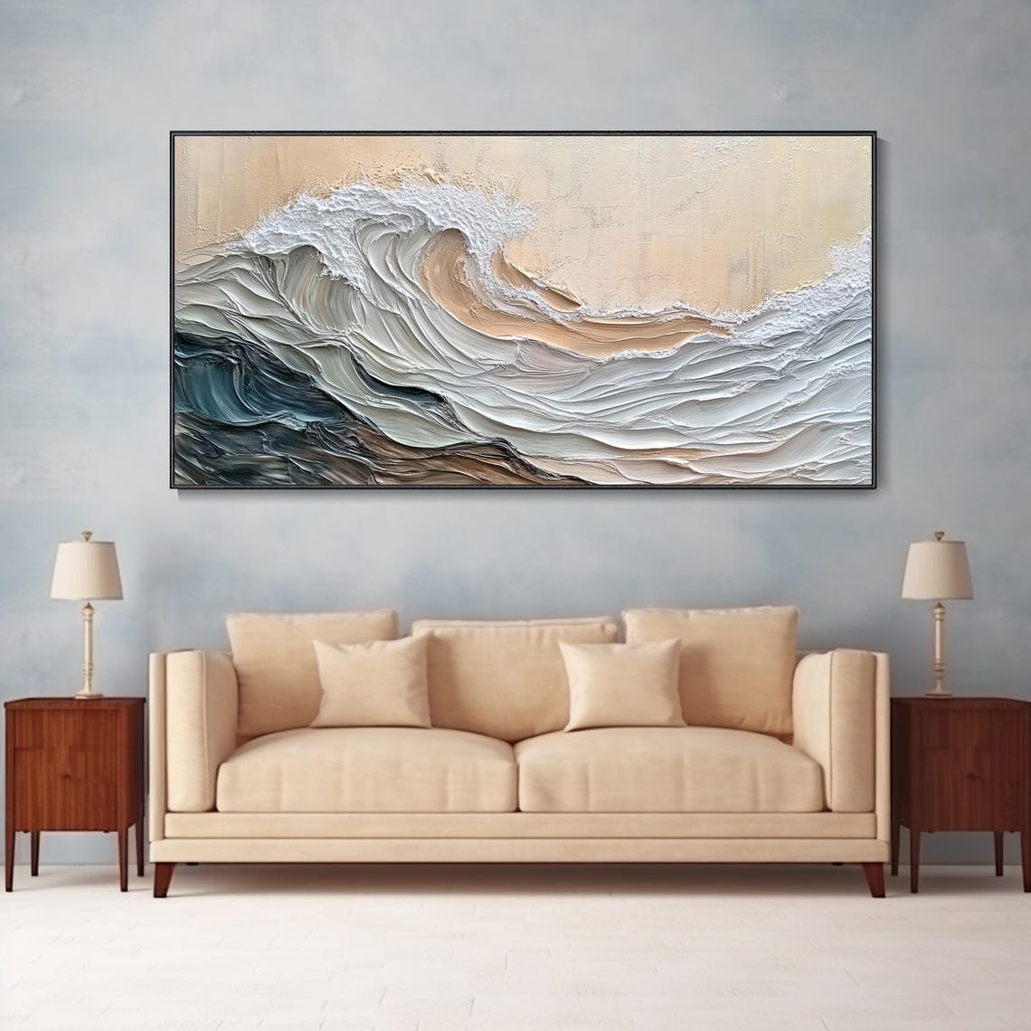 Gray White Blue Ocean Wave Minimalist Texture Oil Painting Poster - Image 2