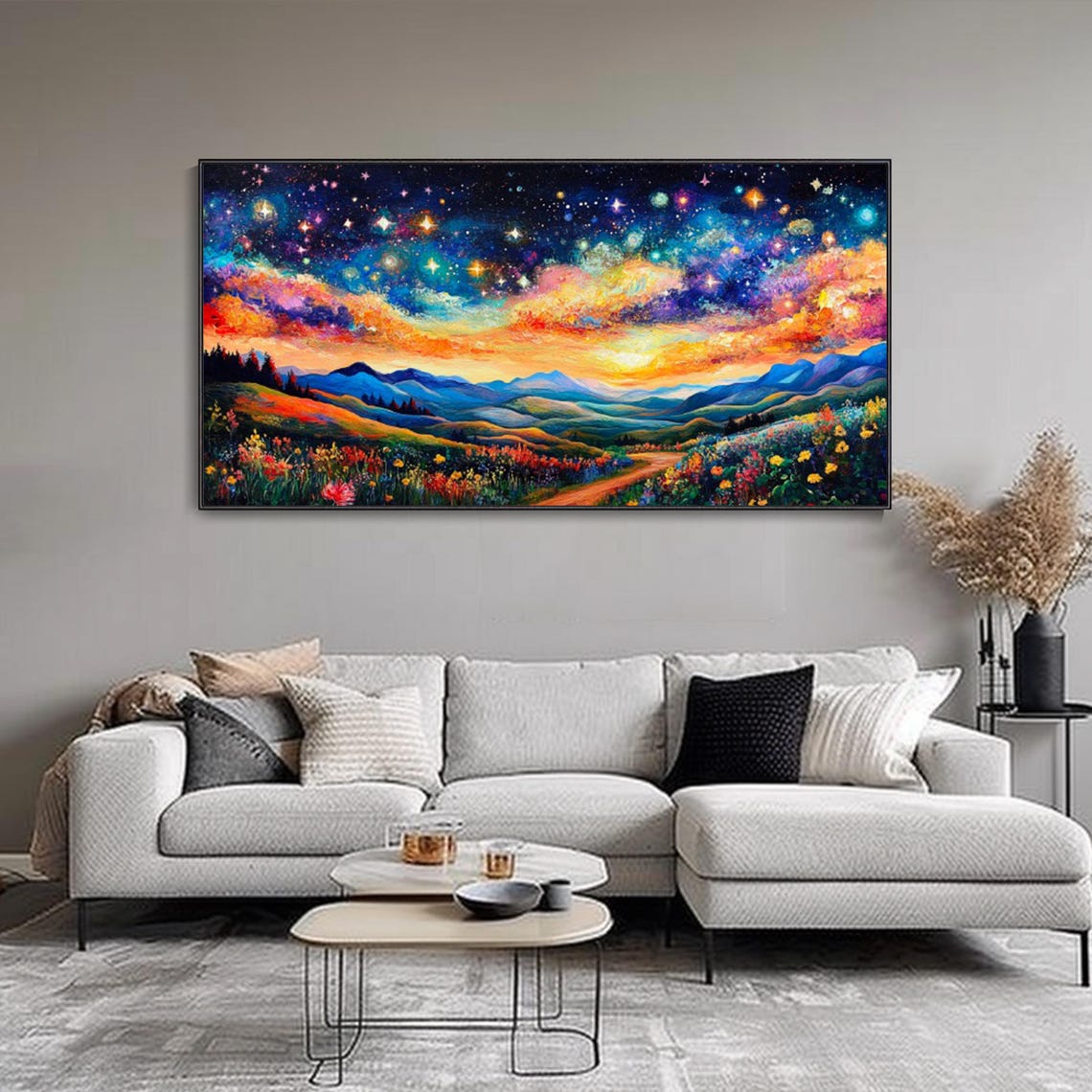 Starry Night Sky Valley Meadow 3D Textured Mountain Landscape Poster - Image 2