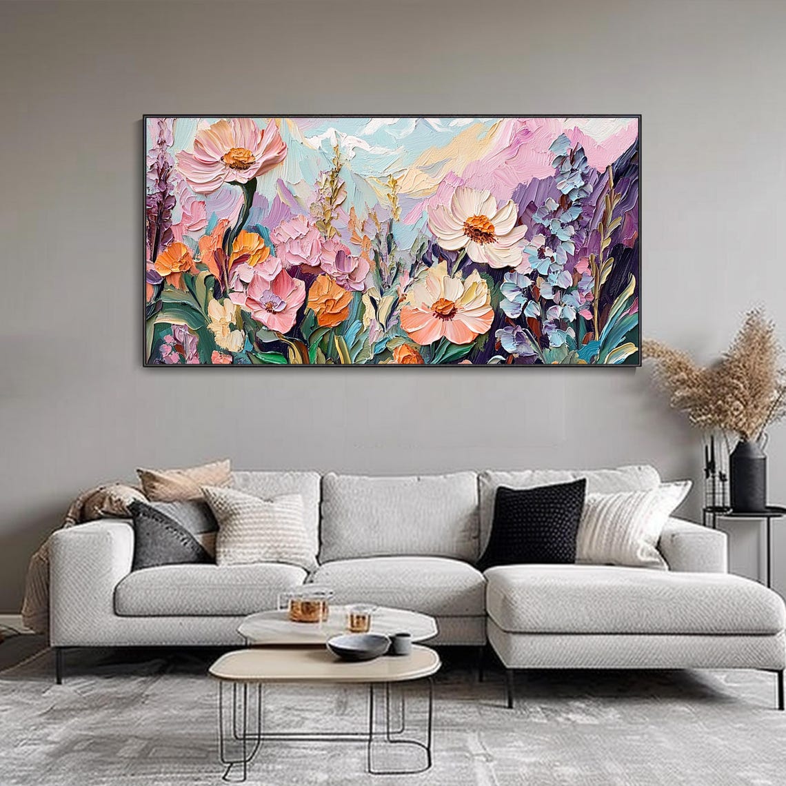 Original Pink Daisy Meadow Landscape Painting Serene Valley Oil Art Abstract Tropical Rainforest Hand Crafted Artwork Soft Colored - Image 2