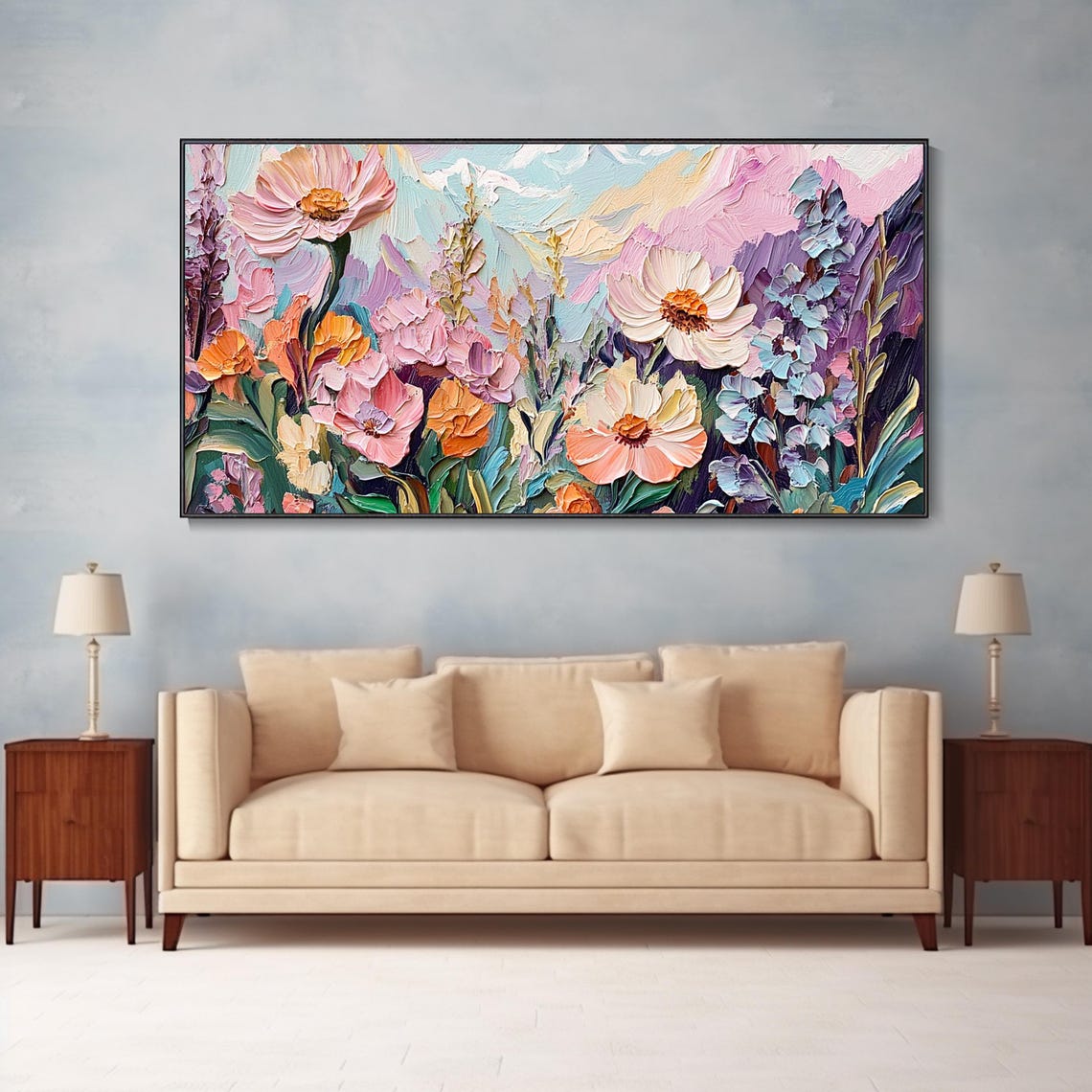 Original Pink Daisy Meadow Landscape Painting Serene Valley Oil Art Abstract Tropical Rainforest Hand Crafted Artwork Soft Colored - Image 3