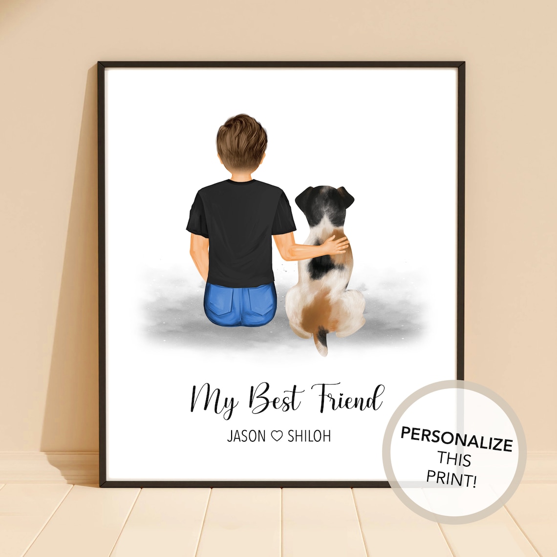 Boy and His Dog Best Friends Custom Portrait Illustration Poster