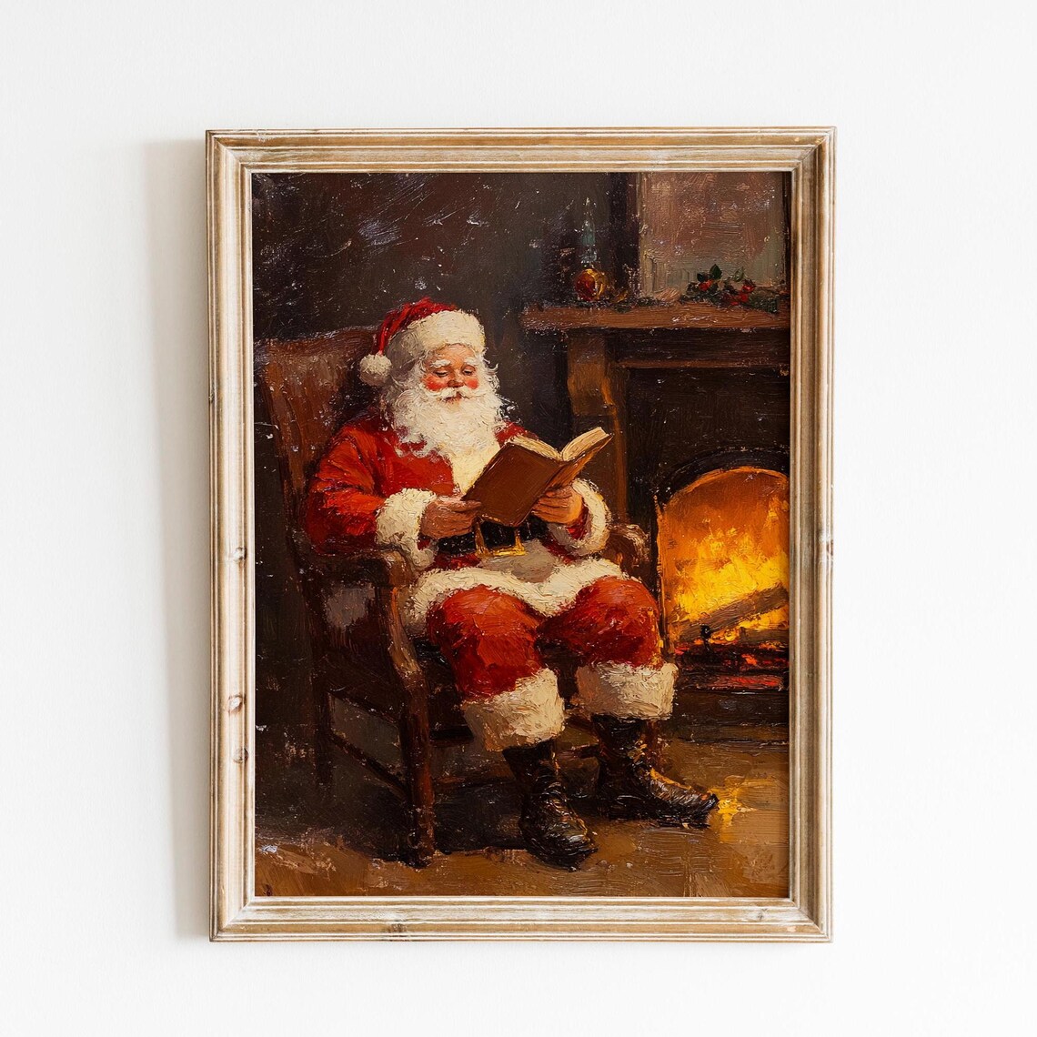 Santa Claus Reading by Fireplace Vintage Oil Painting Style Poster