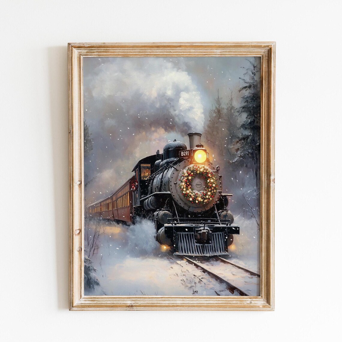 Vintage Steam Train with Christmas Wreath Snowy Winter Scene Poster