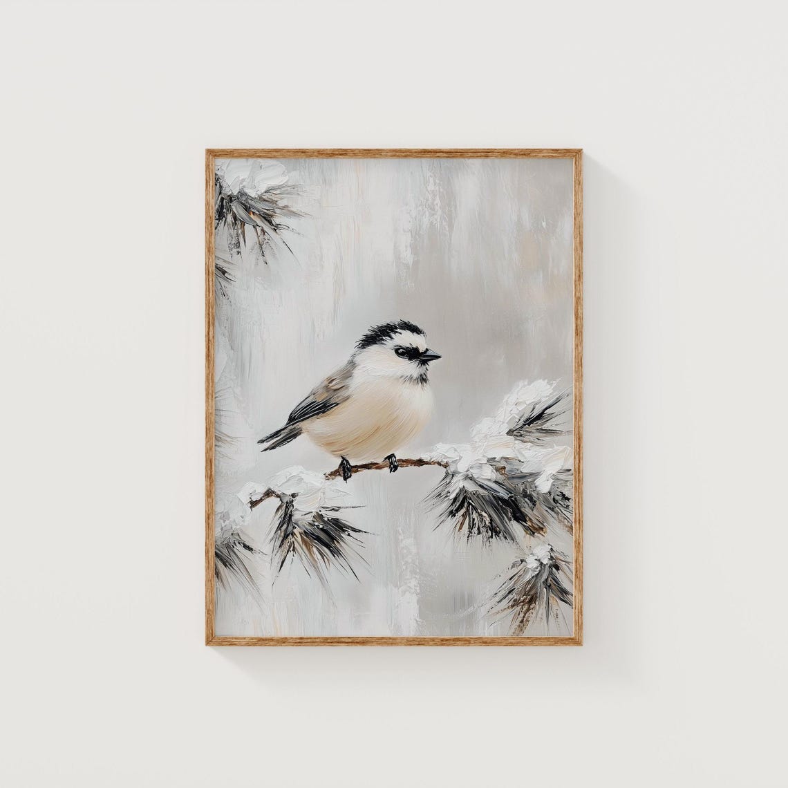 Chickadee on Snowy Branch Winter Bird Oil Painting Style Poster - Image 3