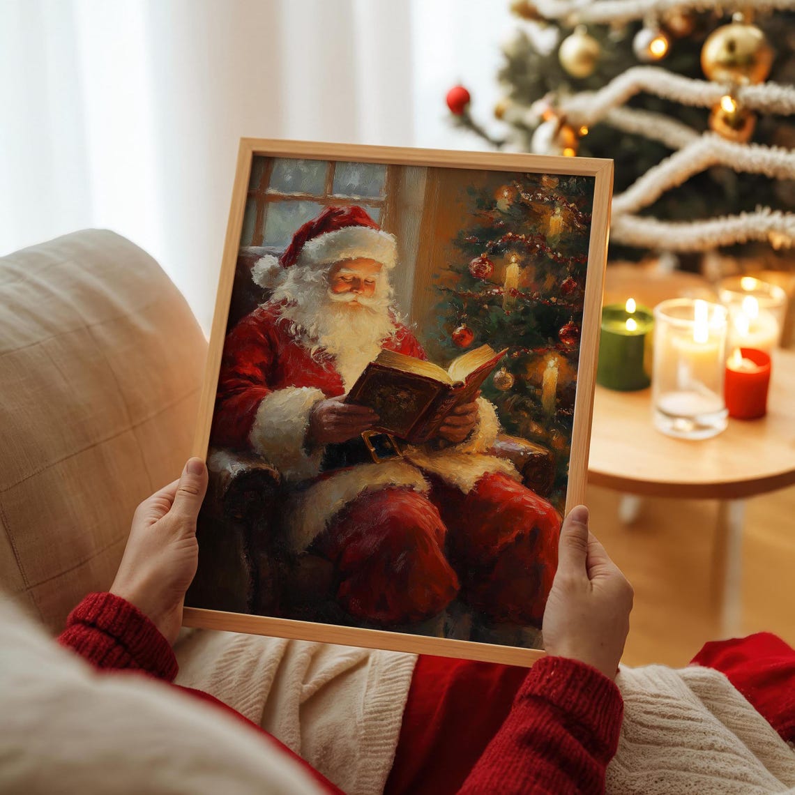 Santa Claus Reading by the Christmas Tree Cozy Vintage Style Poster - Image 4
