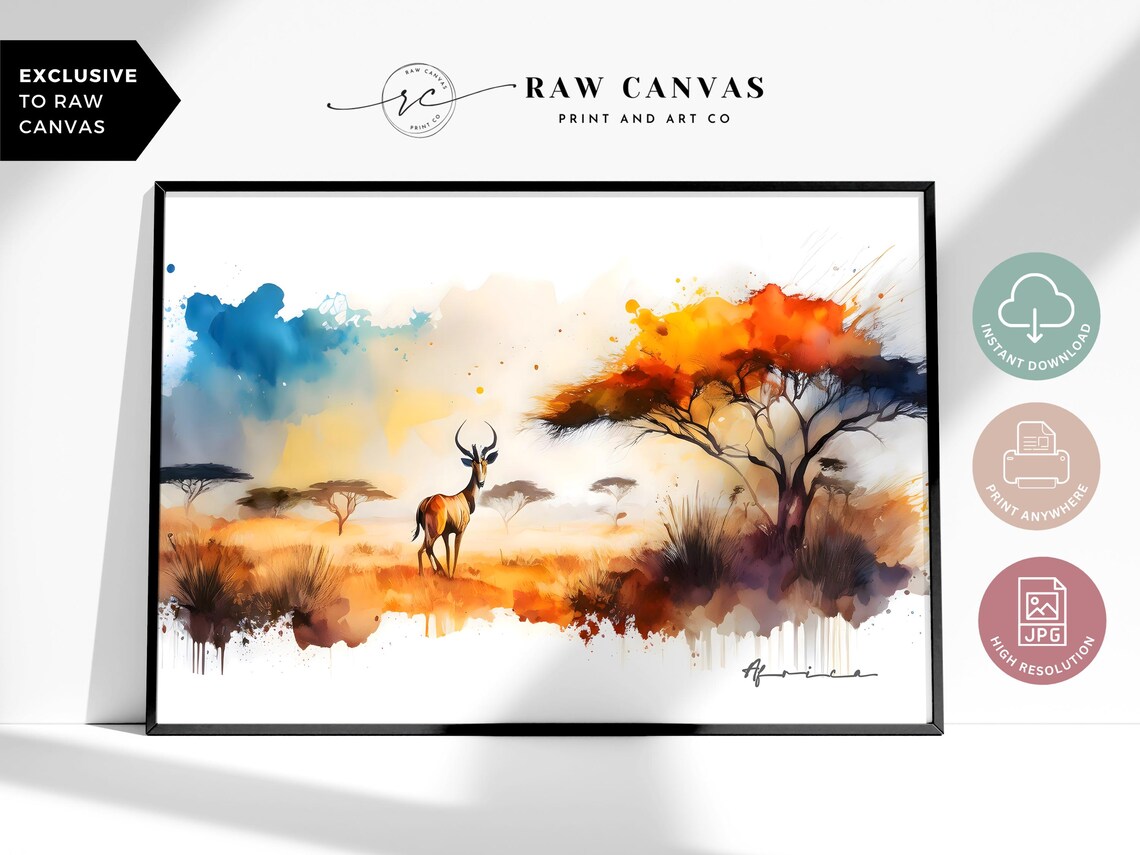 African Safari Landscape Watercolor Sunset