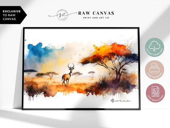 African Safari Landscape Watercolor Sunset