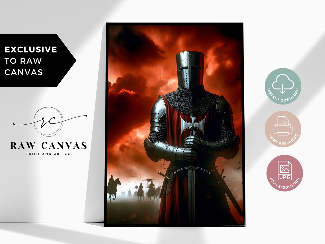 Knights Templar Medieval Decor, Crusader Warrior Artwork