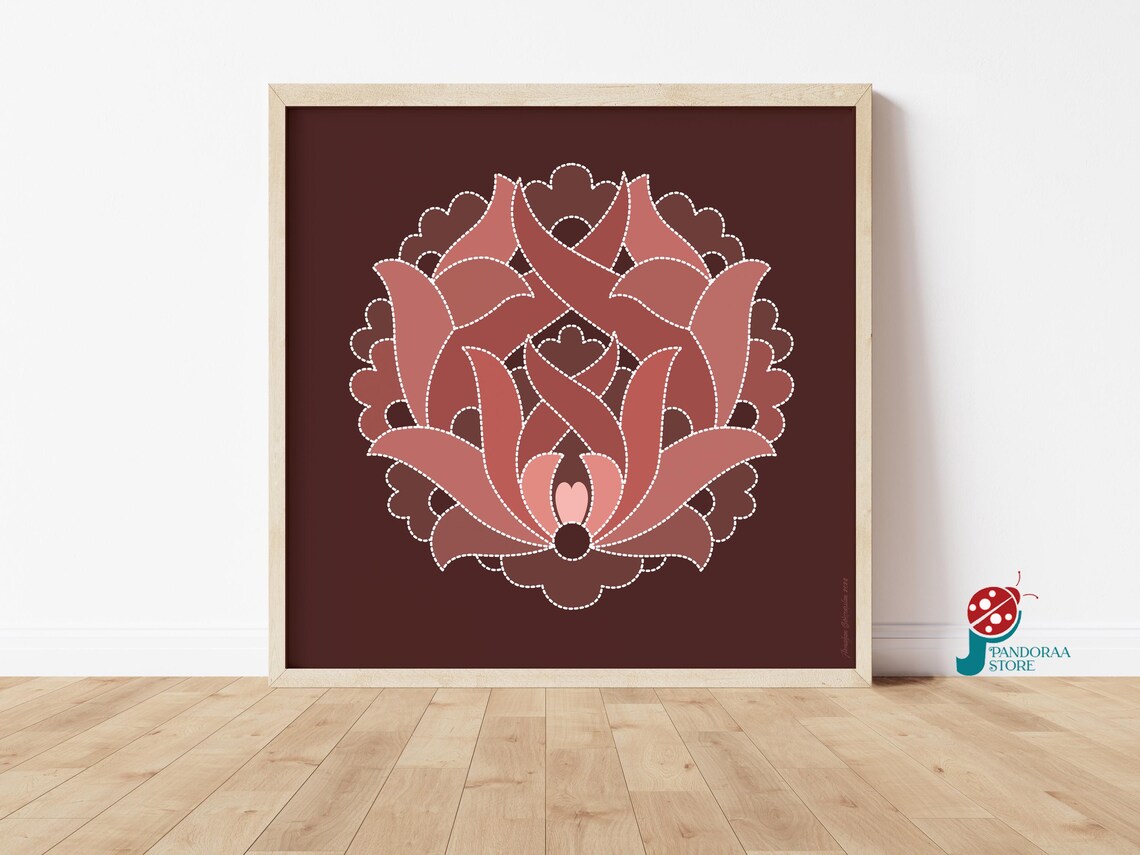 Terracotta Ornamental Floral Medallion Art on Dark Brown Poster