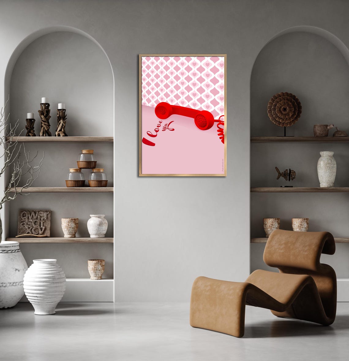 Retro Red Telephone I Love You Script on Pink Heart Pattern Poster - Image 3