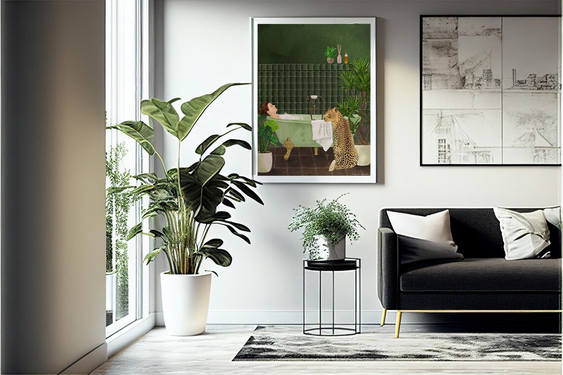 Woman Bathtub Leopard Green Tiled Bathroom Whimsical Botanical Poster - Image 4