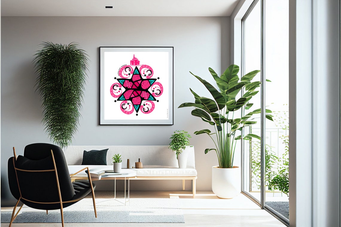 Pink Mosque Wall Art Mosque Poster Colourful Geometric Wall Decor Square Islamic Wall Prints - Image 2
