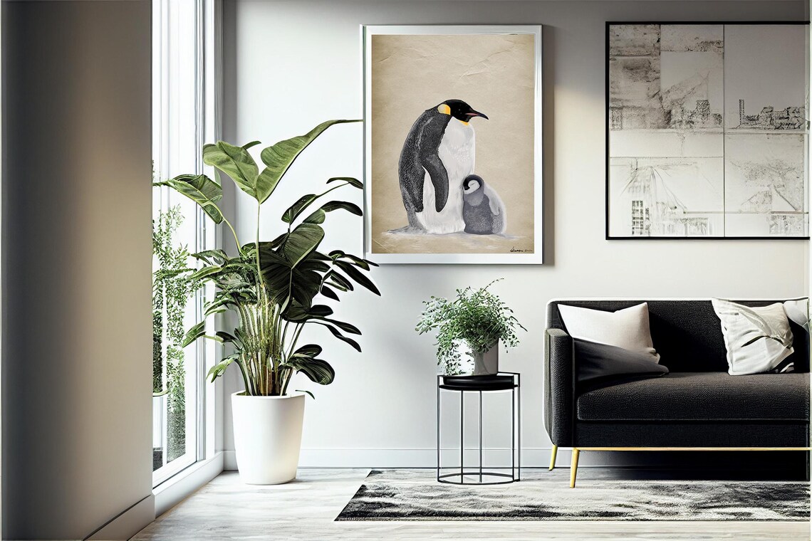 King Penguin and Chick Watercolor Sweet Arctic Animal Art Print - Image 2