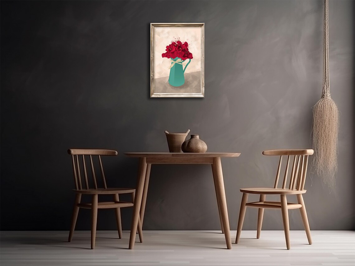Red Flowers Green Pitcher Bouquet Bow Modern Farmhouse Floral Poster - Image 2
