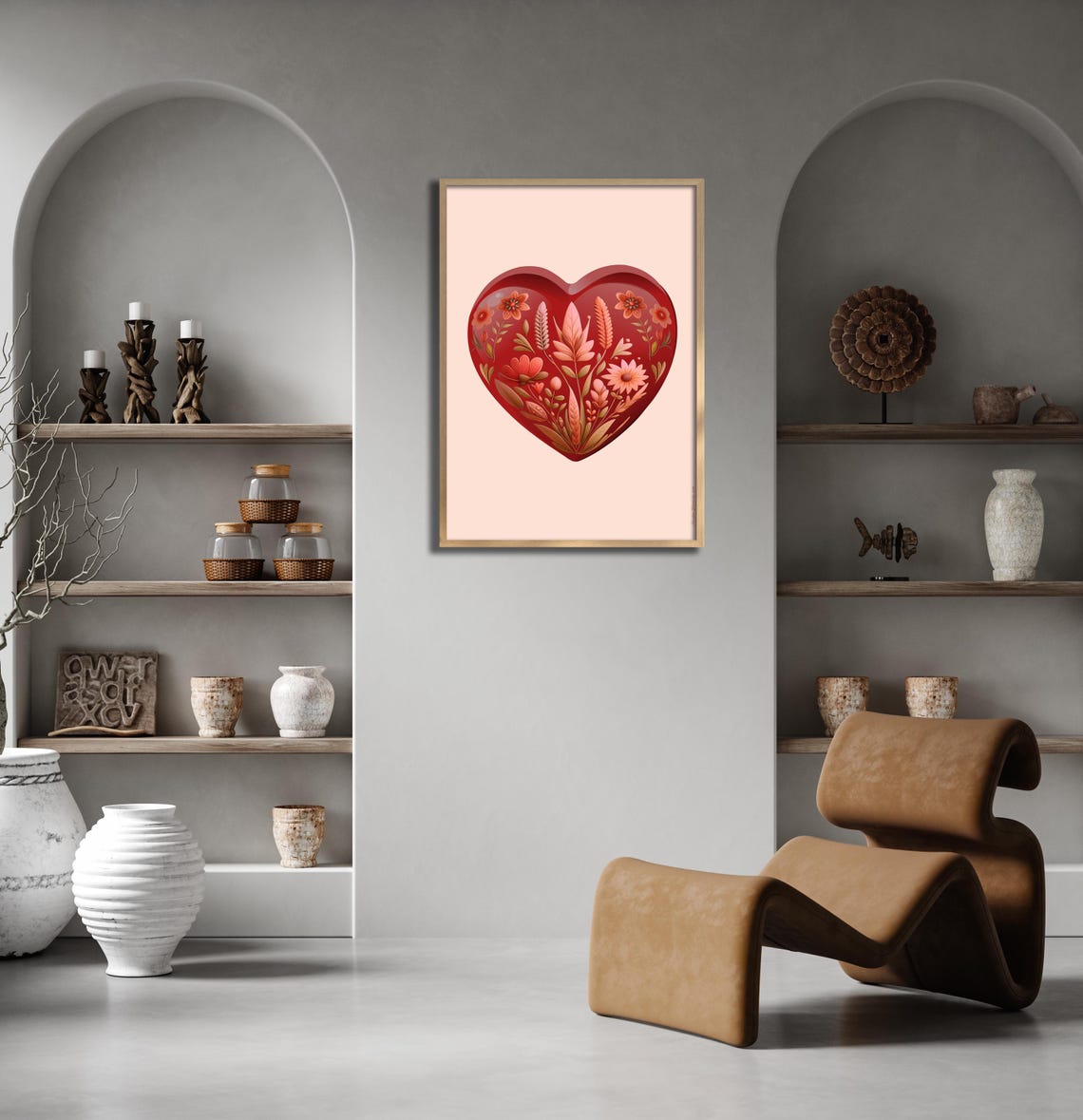 Romantic Red Floral Folk Art Heart on Blush Pink Background Poster - Image 2