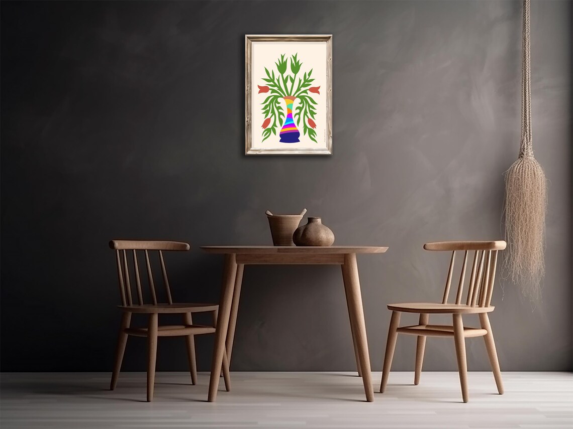 Rainbow Striped Vase Red Tulip Folk Art Colorful Floral Wall Poster - Image 2