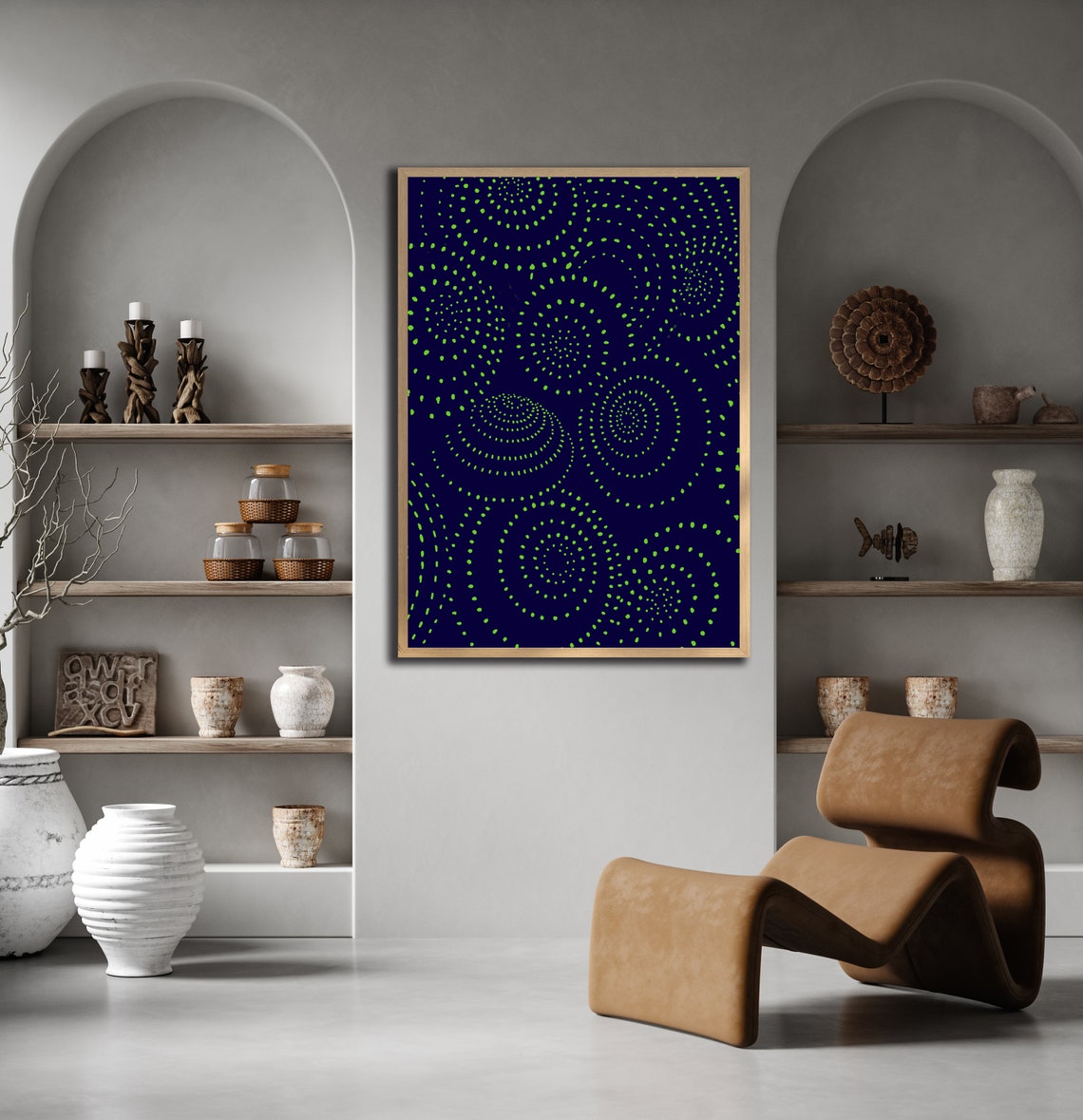 Navy Lime Green Spiral Dot Boho Circle Geometric Abstract Art Poster - Image 2