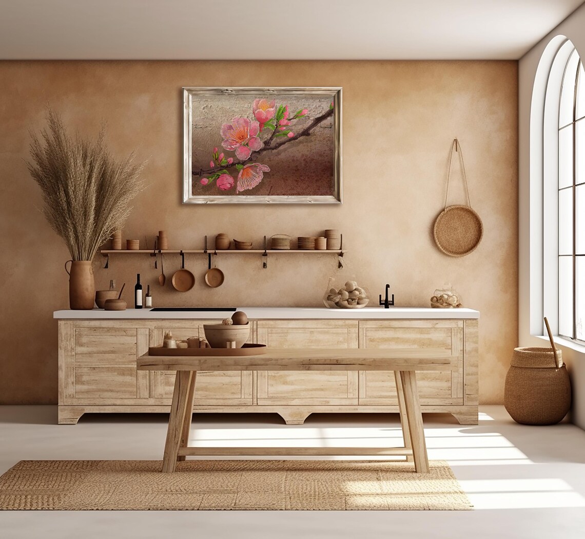 Pink Cherry Blossom Branch Textured Vintage Farmhouse Floral Poster - Image 3