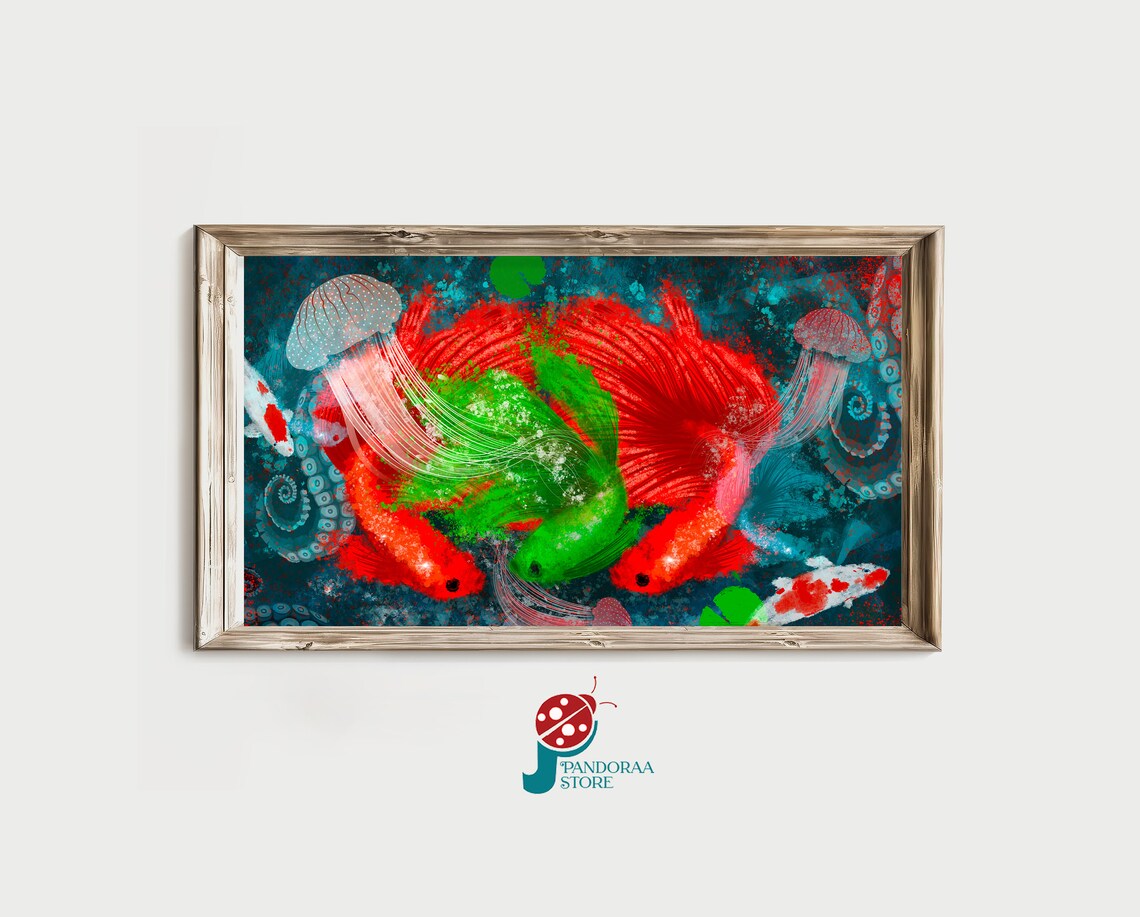 Colorful Jellyfish Koi Betta Fish Red Green Sea Life Ocean Print