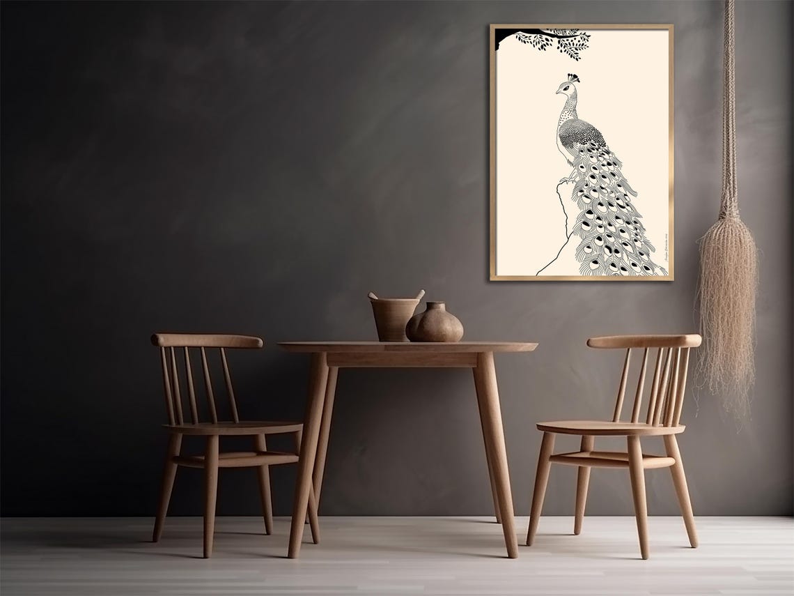 Peacock Line Art Black Beige Minimalist Bird Feather Elegant Wall Art - Image 3